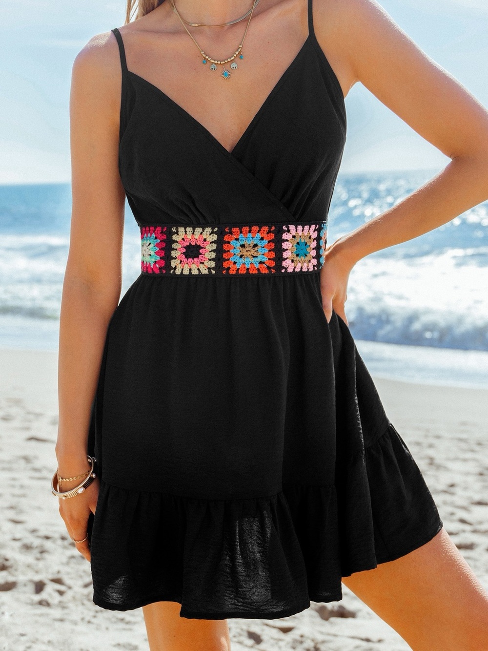 Boho Chic Black Mini Dress with Colorful Crochet Waist | Size S